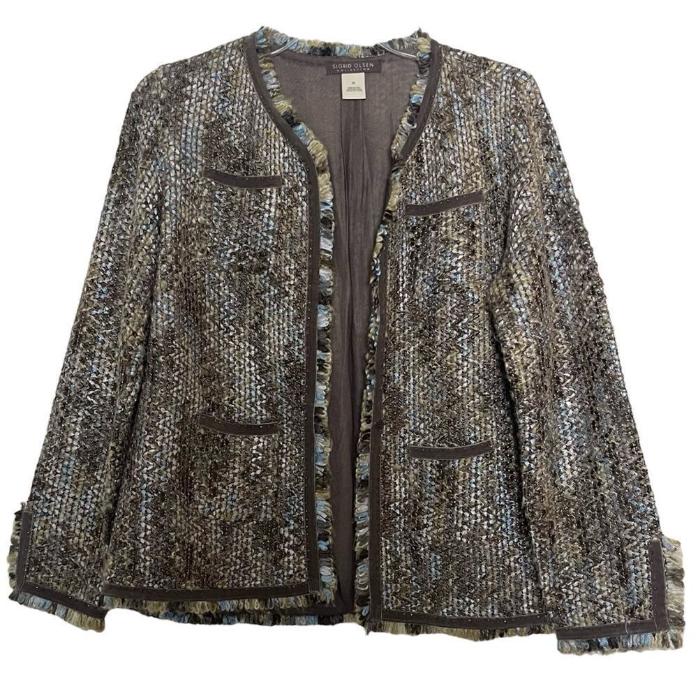 Sigrid Olsen Boucle Tweed Blazer Jacket Taupe Velvet Beaded Trim Fringe Medium